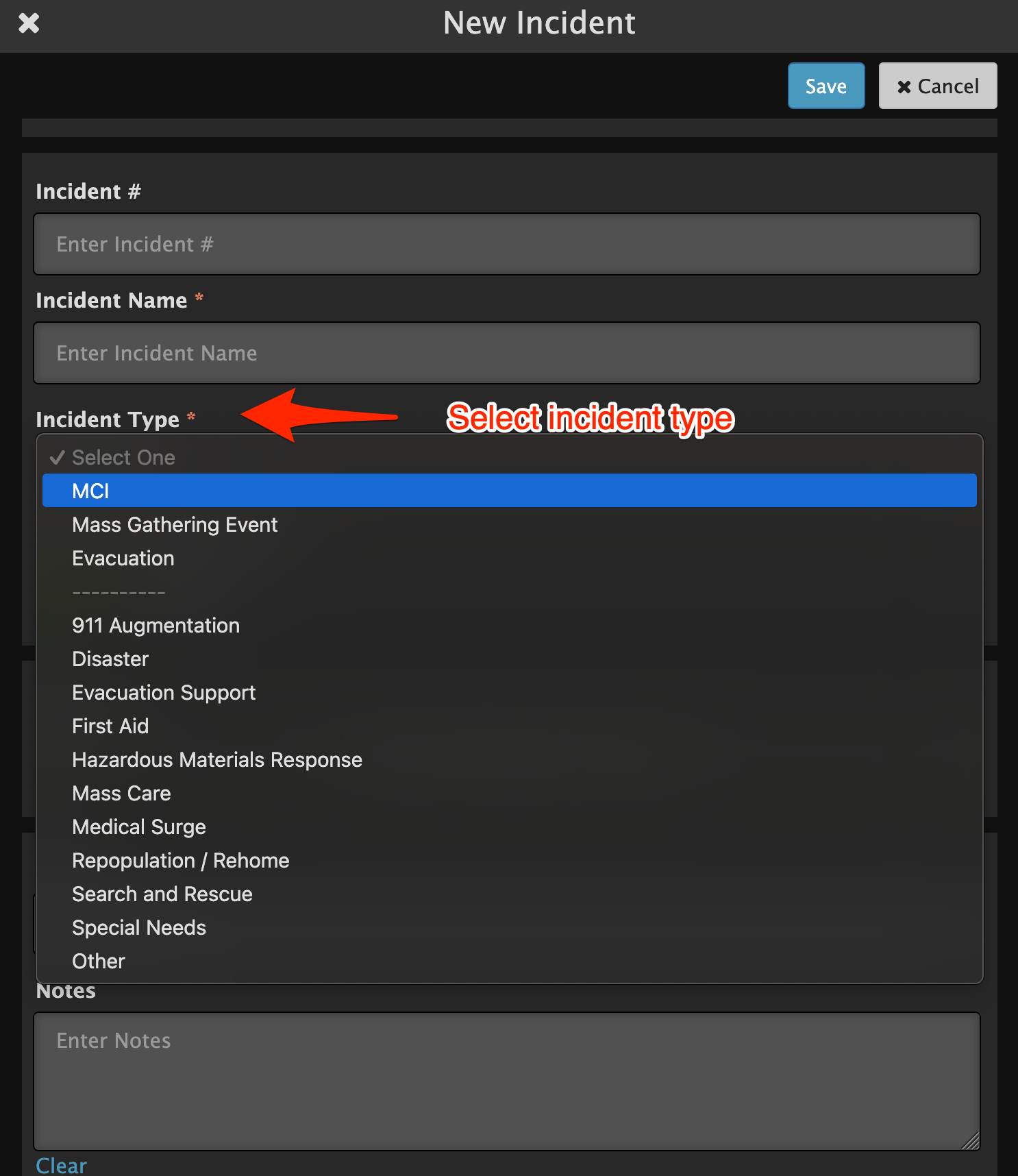 select incident type